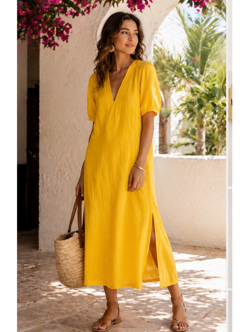 LAKE Marigold Cotton Gauze Midi Dress V Neck Puff Sleeve Resort Excellent XL - Picture 11 of 11